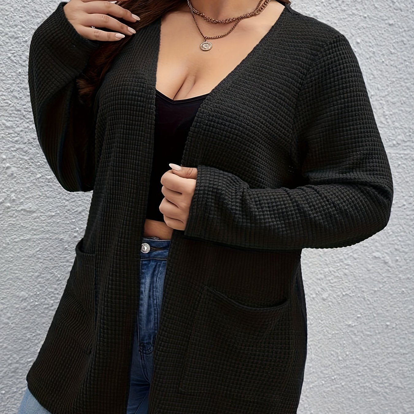  Solid Waffle Long Sleeve Open Front Cardigan