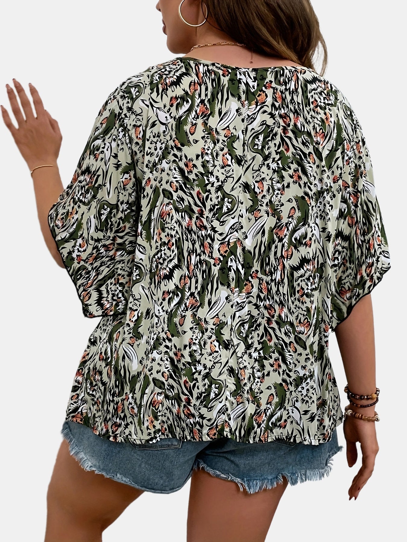  Allover Print Flutter Sleeve V Neck Blouse