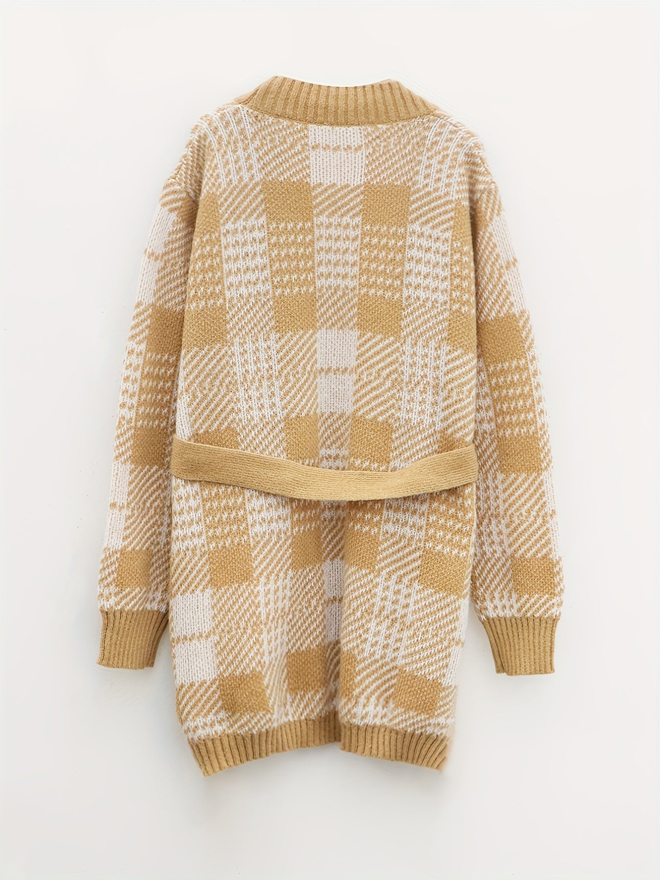  Plaid Print Long Sleeve Open Front Belted Cardigan