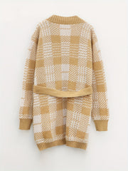  Plaid Print Long Sleeve Open Front Belted Cardigan