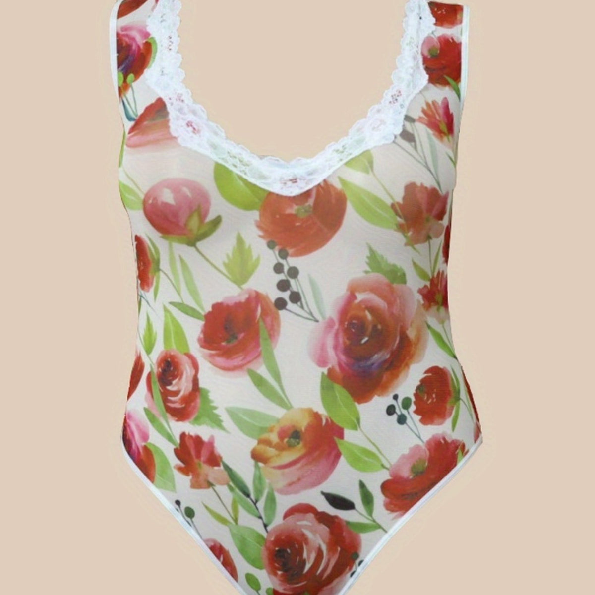  Rose Print Contrast Lace Trim Sheer Bodysuit
