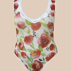  Rose Print Contrast Lace Trim Sheer Bodysuit