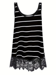  Stripe Print Lace Trim Tank Top