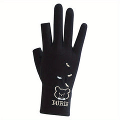 Bear Embroidery Fingerless Gloves for Women