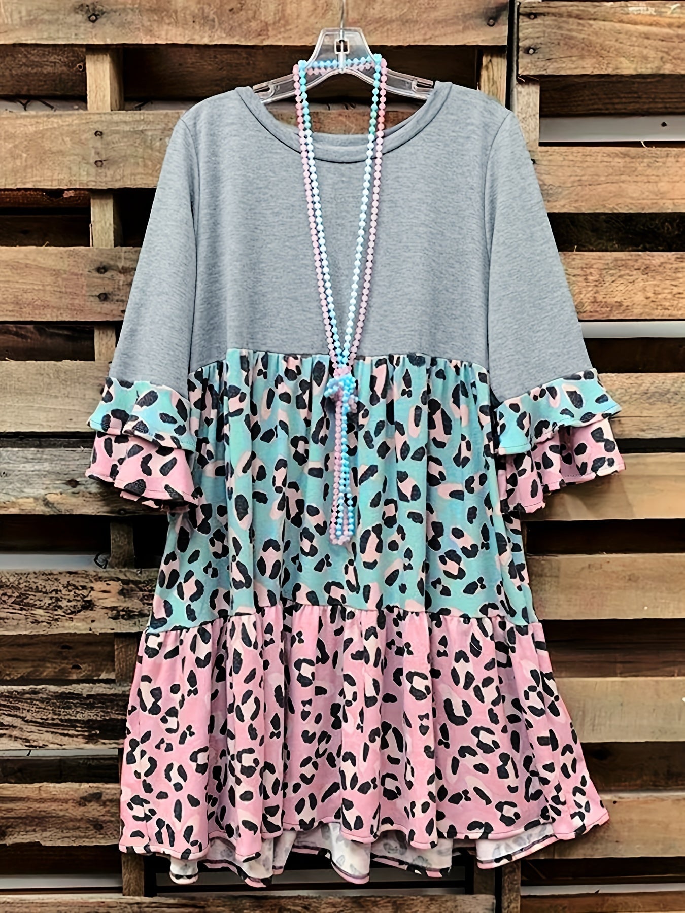  Colorblock Leopard Print Layered Sleeve Smock Dress