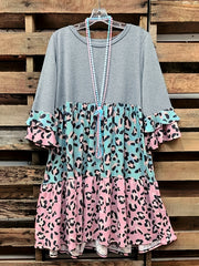  Colorblock Leopard Print Layered Sleeve Smock Dress