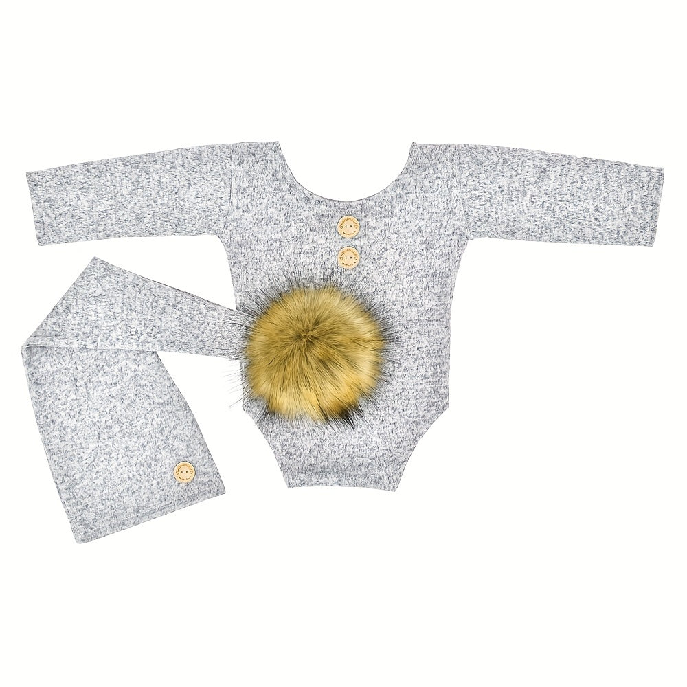 Newborn Baby Photo Props Suit with Fur Ball Long-tailed Cap