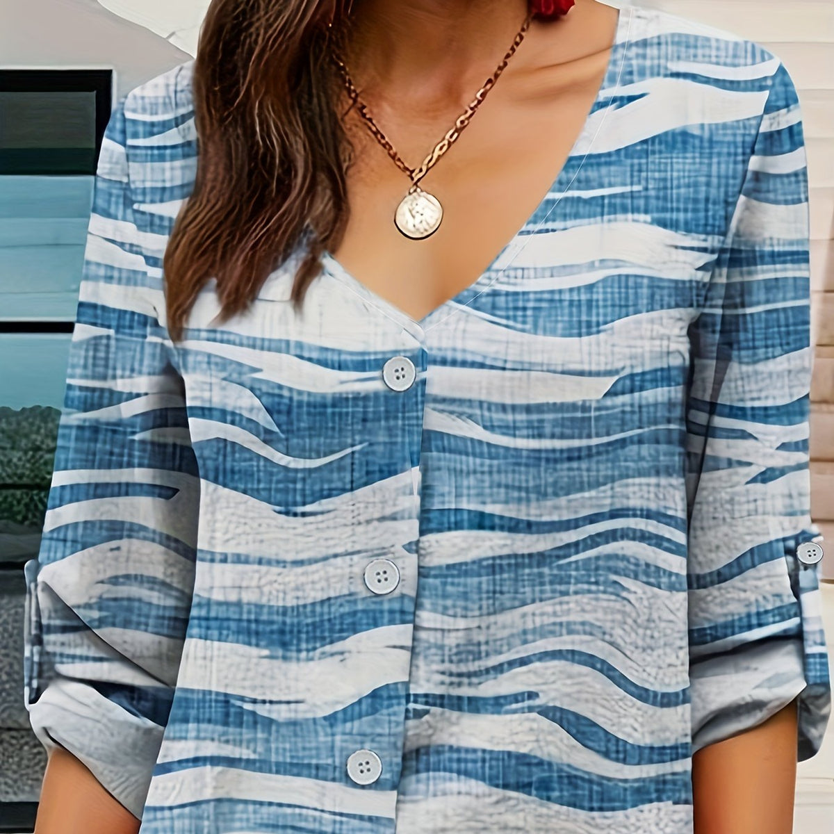 Striped Colorblock Roll-Up Sleeve Blouse