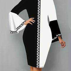  Colorblock Geometric Print Bell Sleeve Round Neck Dress