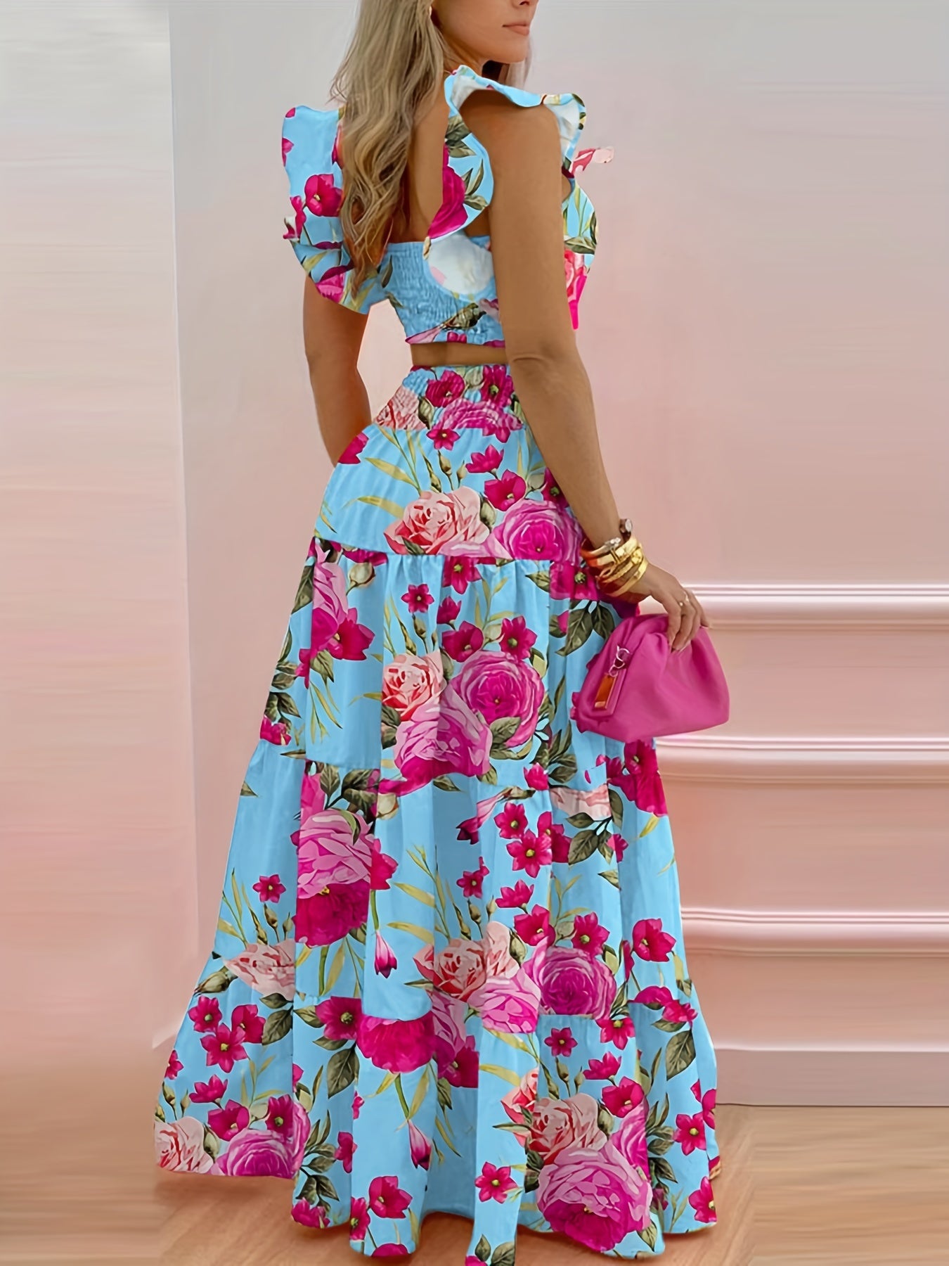 Vintage Floral Print 2pc Set Flutter Sleeve Blouse & Maxi Skirt Outfit
