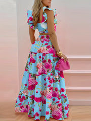 Vintage Floral Print 2pc Set Flutter Sleeve Blouse & Maxi Skirt Outfit