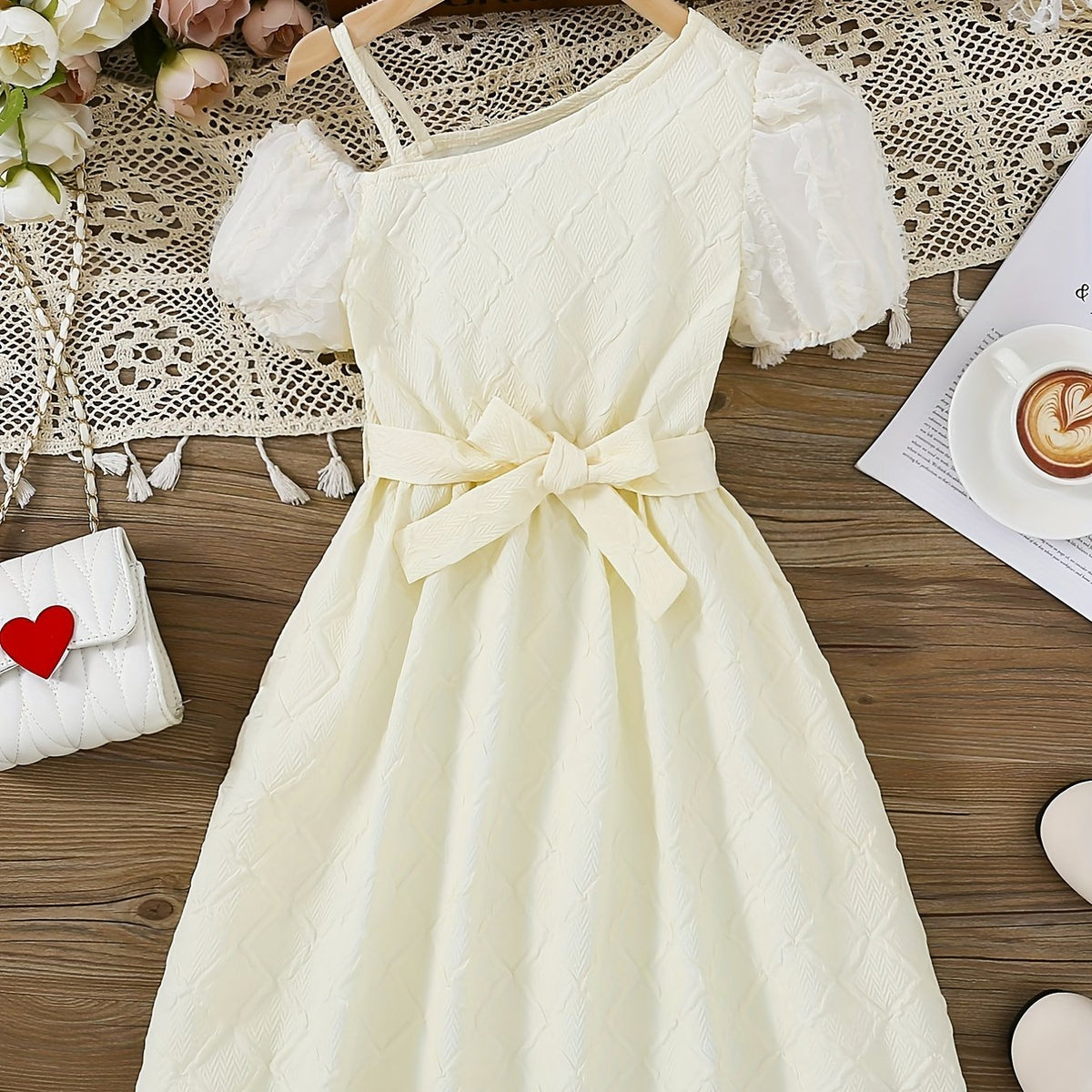Girls' Asymmetric Shoulder Puff Sleeve Princess Dress