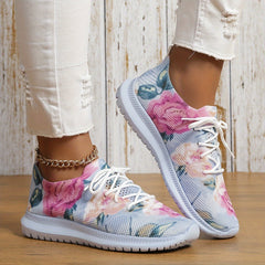 Flower Print Mesh Lightweight Running Shoes Breathable Non Slip Outdoor Sneakers