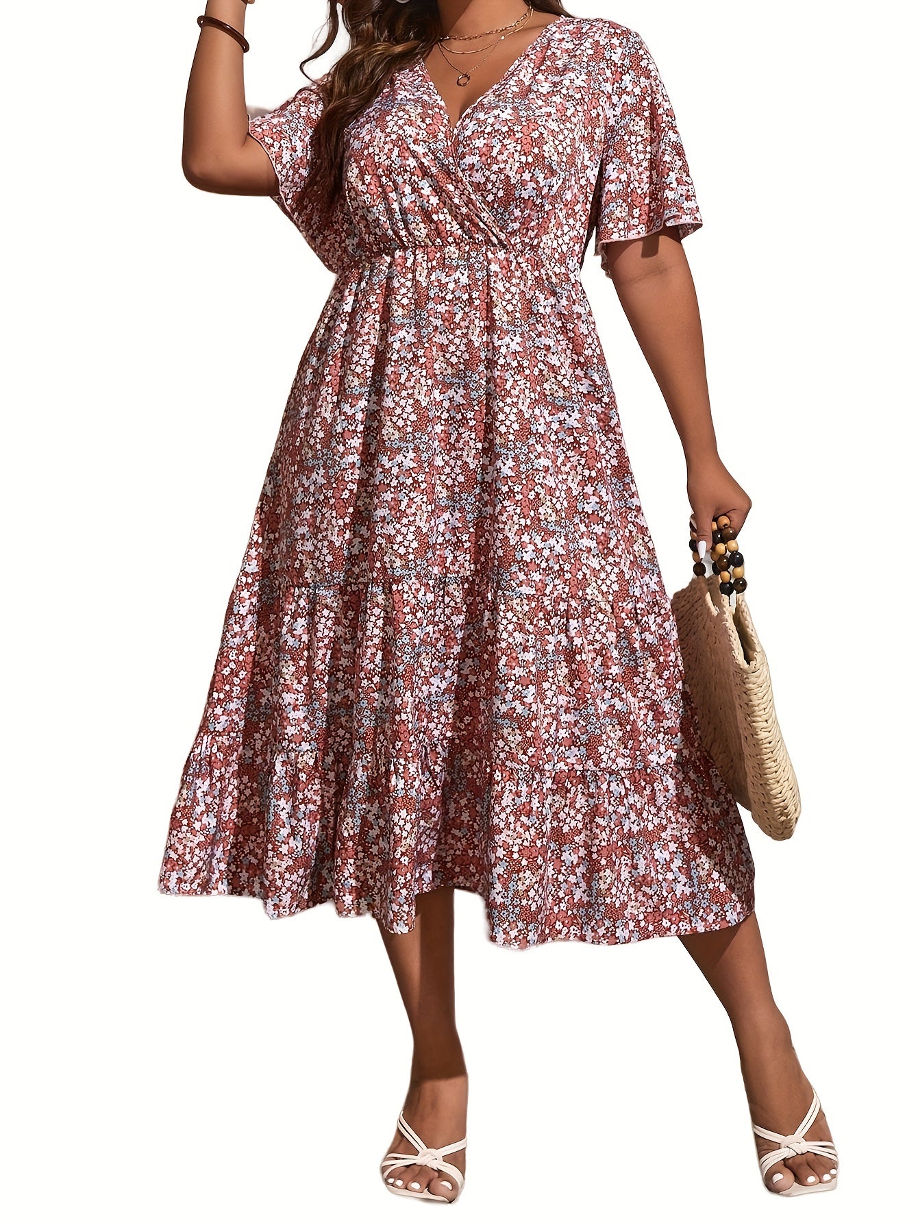  Ditsy Floral Print Ruffle Sleeve Dress