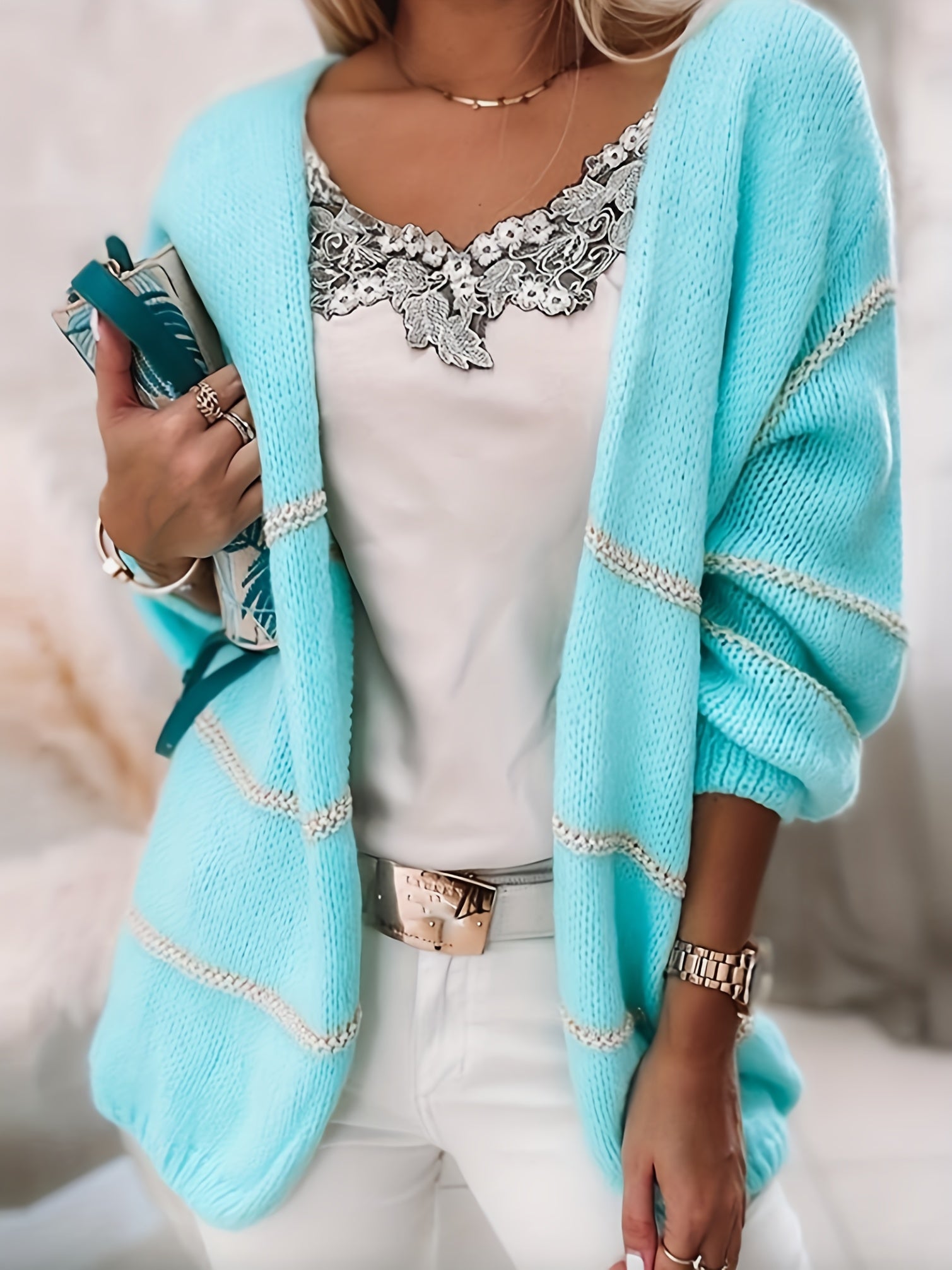  Stripe Print Long Sleeve Open Front Cardigan