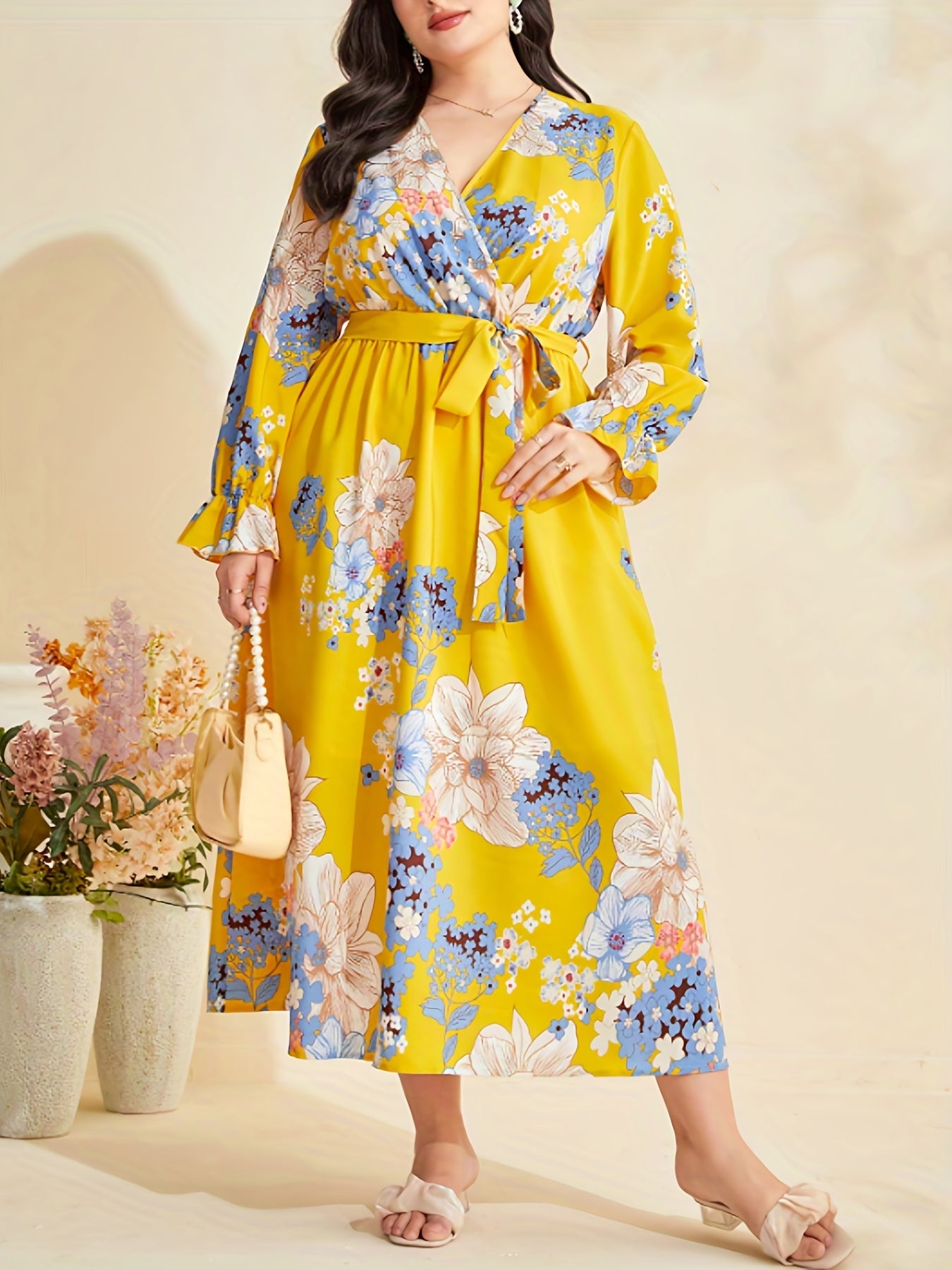  Floral Print Lantern Sleeve Dress With Belt