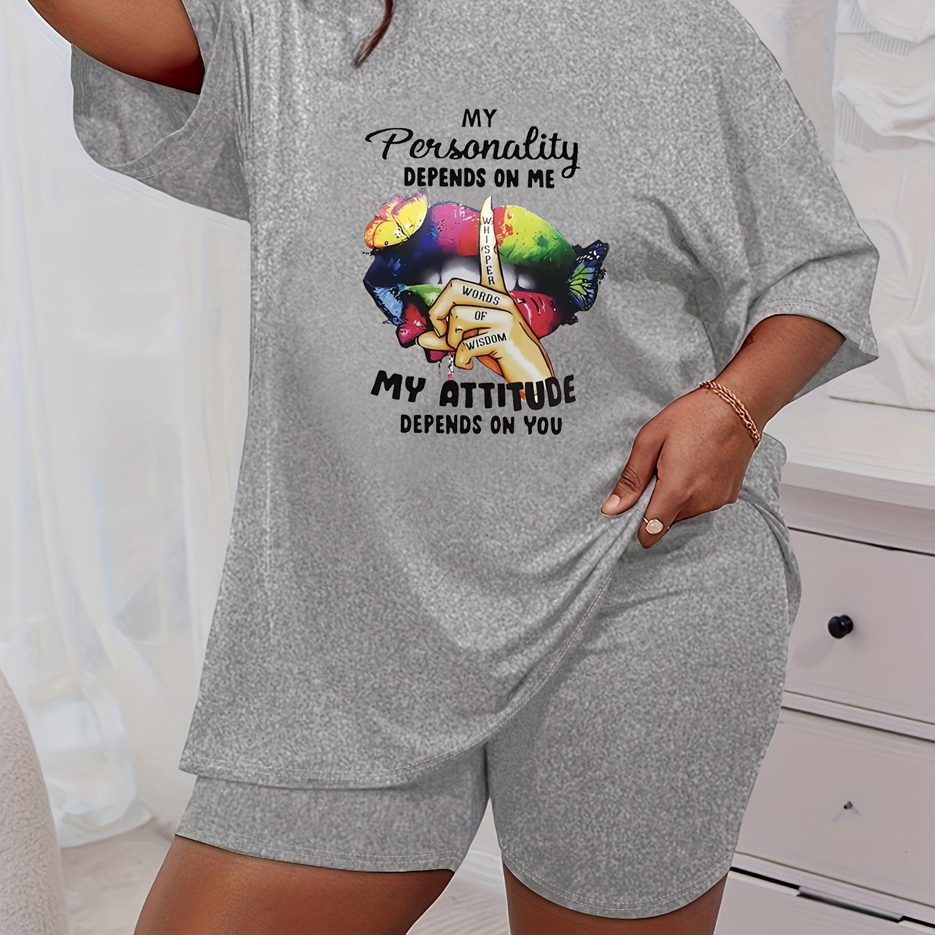  Rainbow Lip & Butterfly Graphic Tee & Shorts Pajama Set