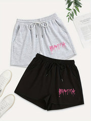2 Pack Plus Size Sporty Shorts Set Women's Plus Art Letter Print