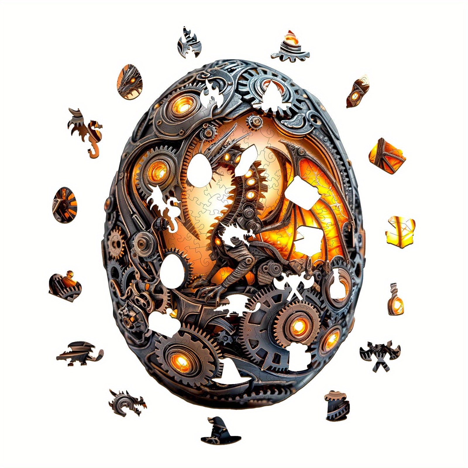 Steampunk Dragon Egg Wooden Puzzle Intricate Gear & Flame Animal Shape