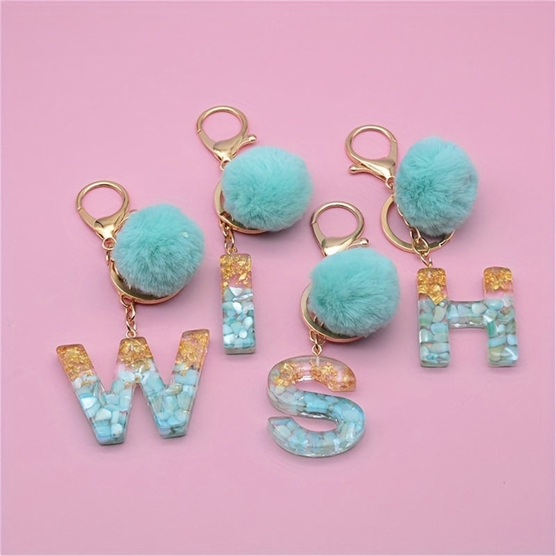 Plush Ball & Plastic Letter Keychain for Women & Girls