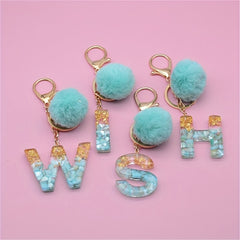 Plush Ball & Plastic Letter Keychain for Women & Girls