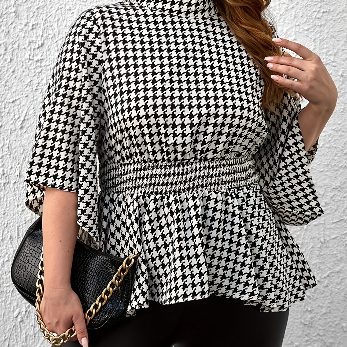  Houndstooth Print Nipped Waist Peplum Top
