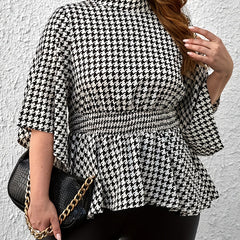  Houndstooth Print Nipped Waist Peplum Top