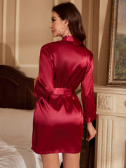 Women's Satin Night Robe V Neck Long Sleeve Belted Sleepwear