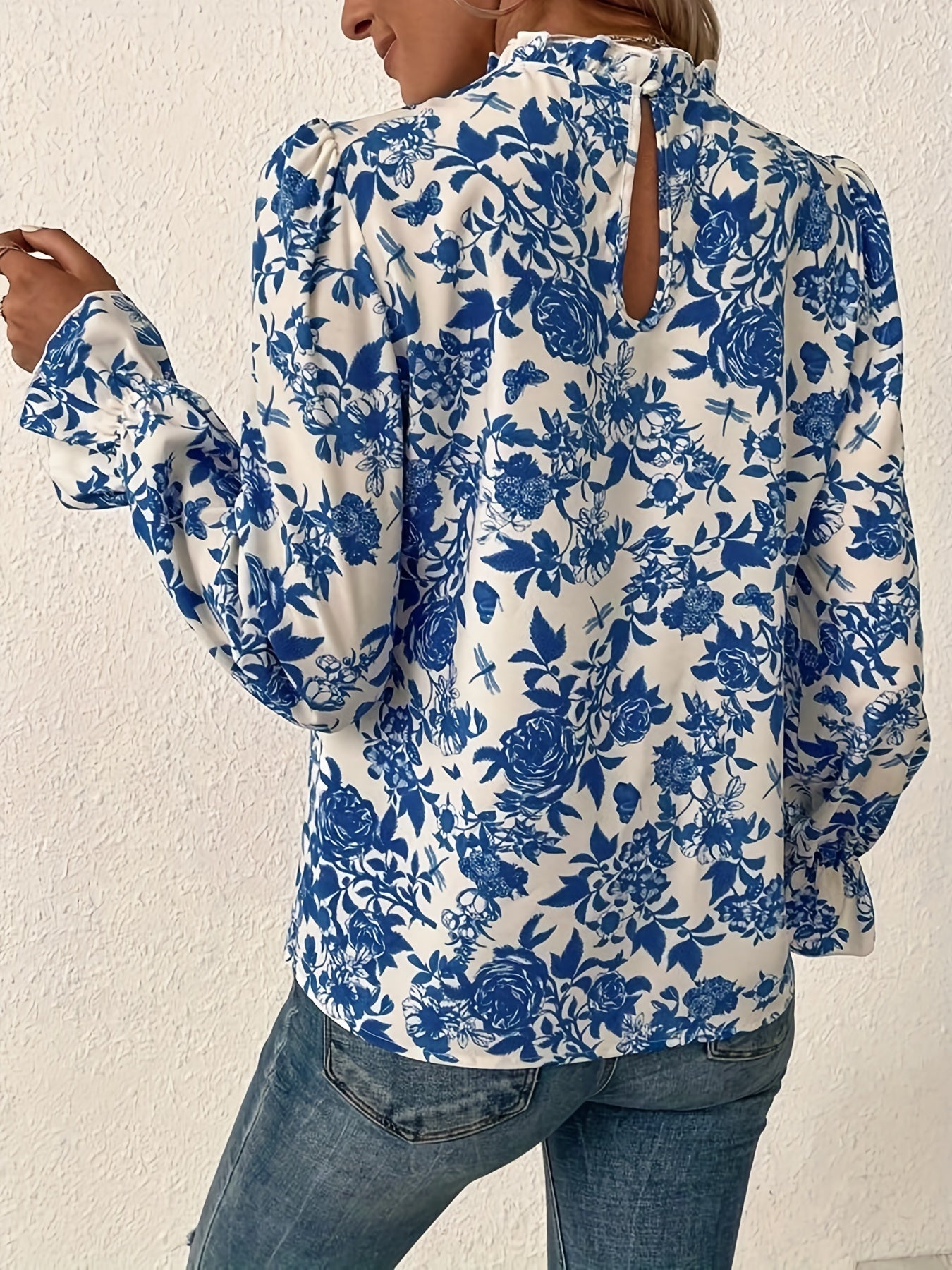 Floral Print Ruffle Sleeve Mock Neck Blouse