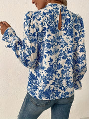  Floral Print Ruffle Sleeve Mock Neck Blouse