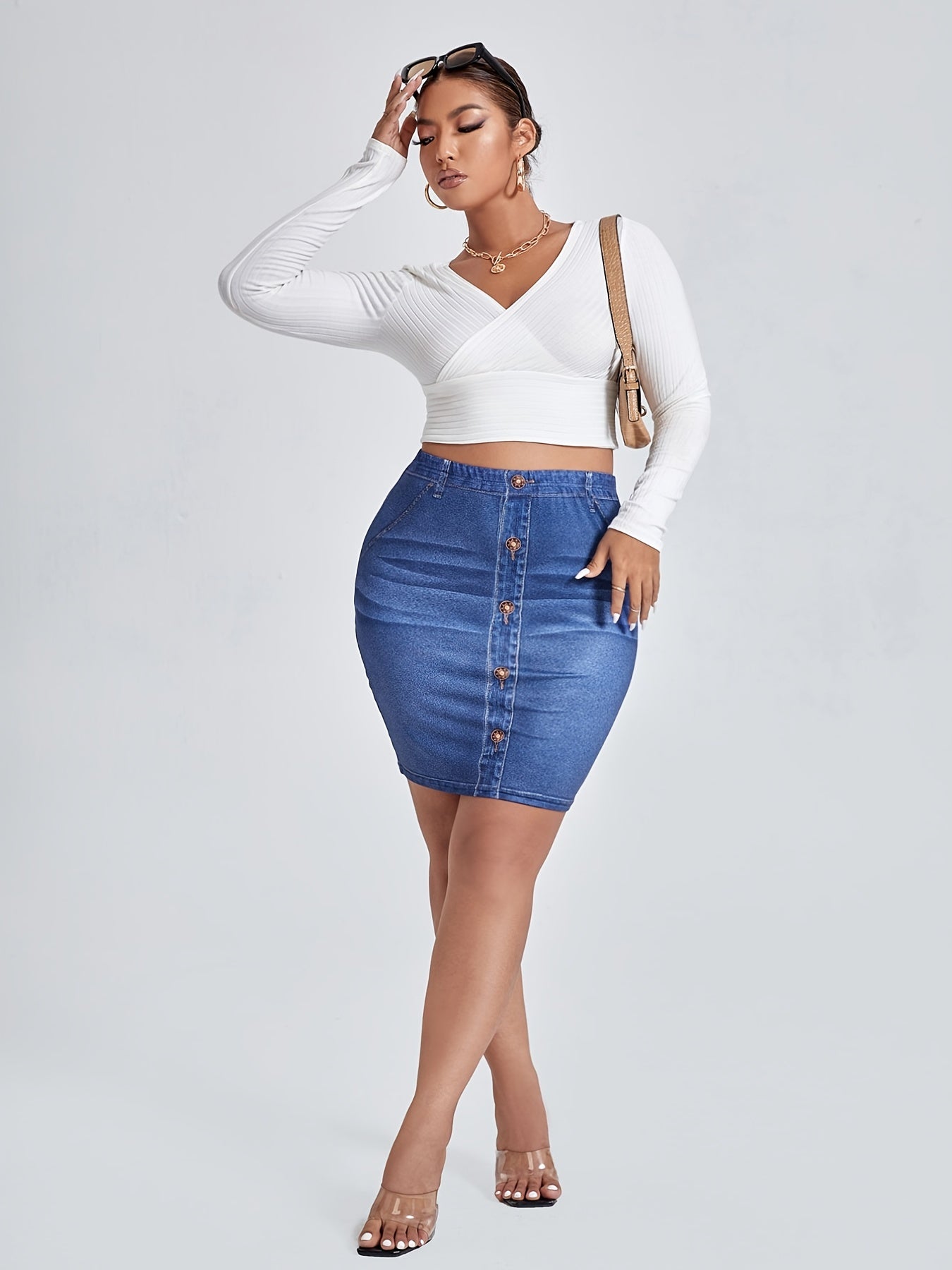  Denim Print High Waist Mini Skirt Women's Plus High Stretch