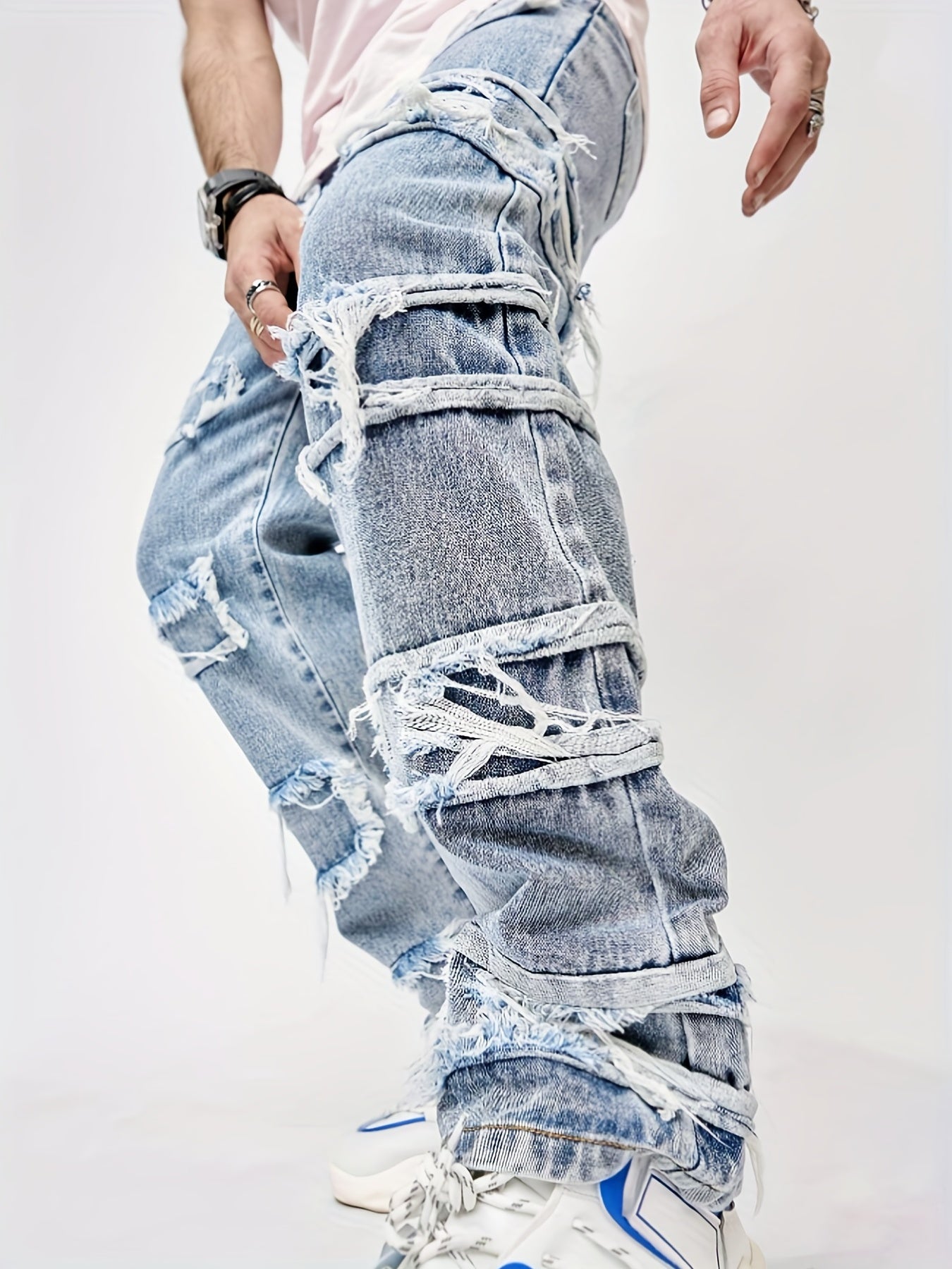 Men Ripped Frayed Straight Leg Jeans