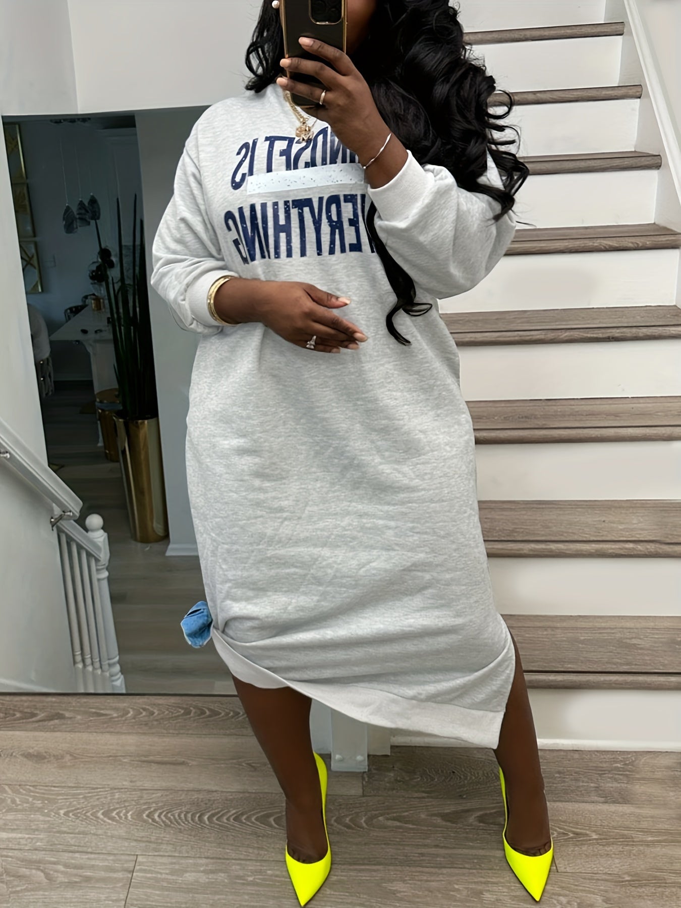  Colorblock Letter Print Long Sleeve Sweatshirt Dress