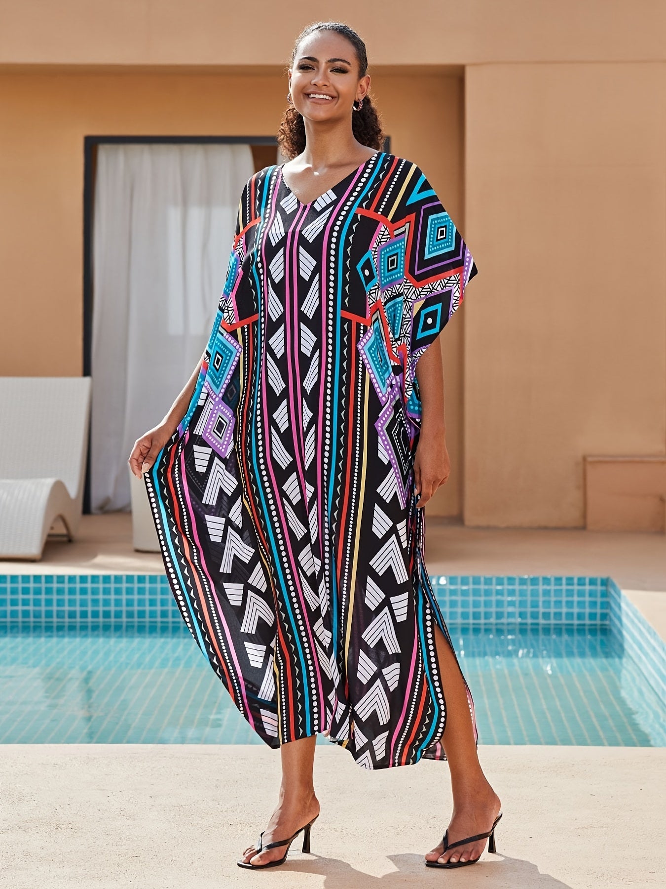  Boho Kaftan Dress Women's Plus Geo Print V Neck Maxi Beach Dress