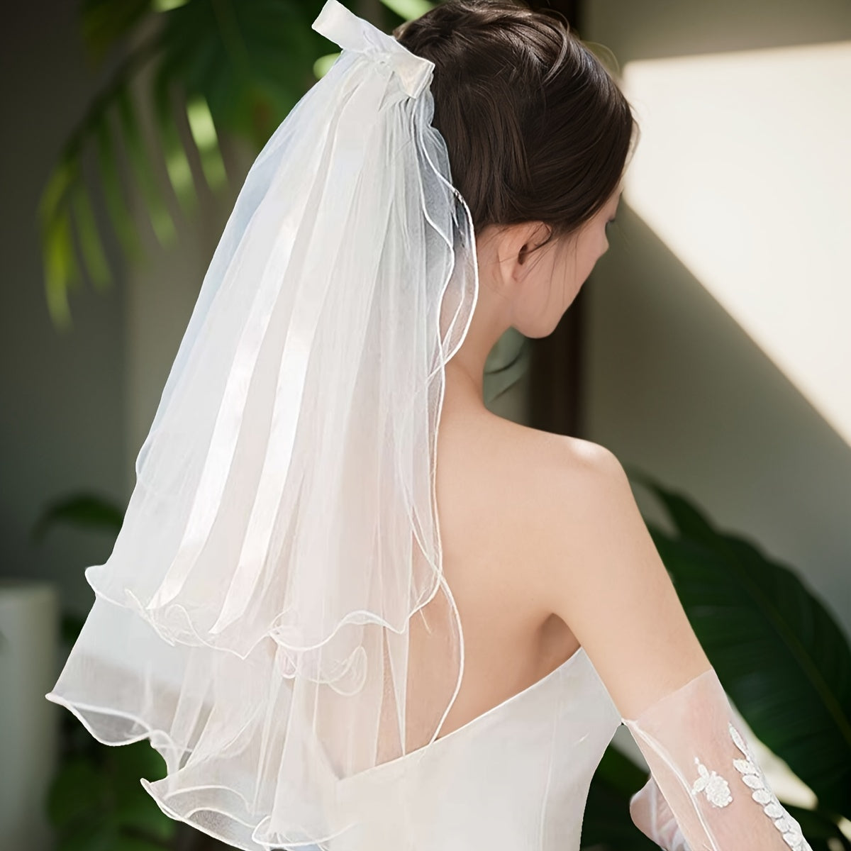 Women'S Double Layered Bow Headscarf Sheer Veil Wedding