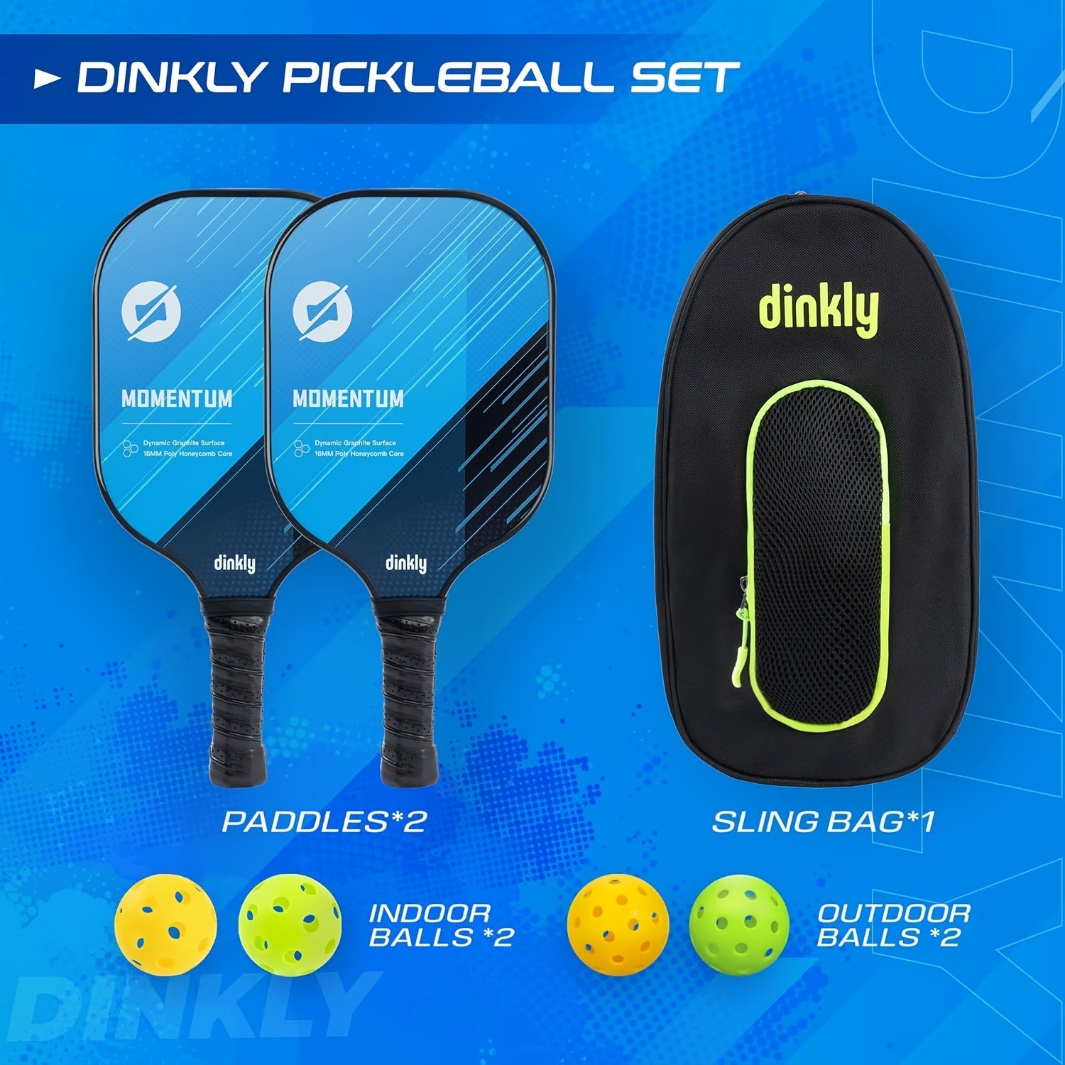 Dinkly Pickleball Paddles Set - 2 Rackets, 4 Balls, Portable Carry Bag