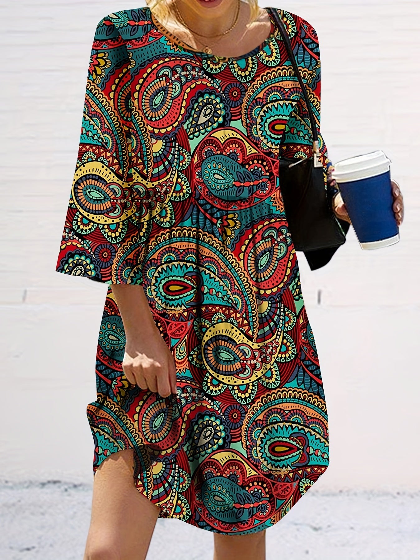  Boho Dress Women's Plus Paisley Print Half Sleeve