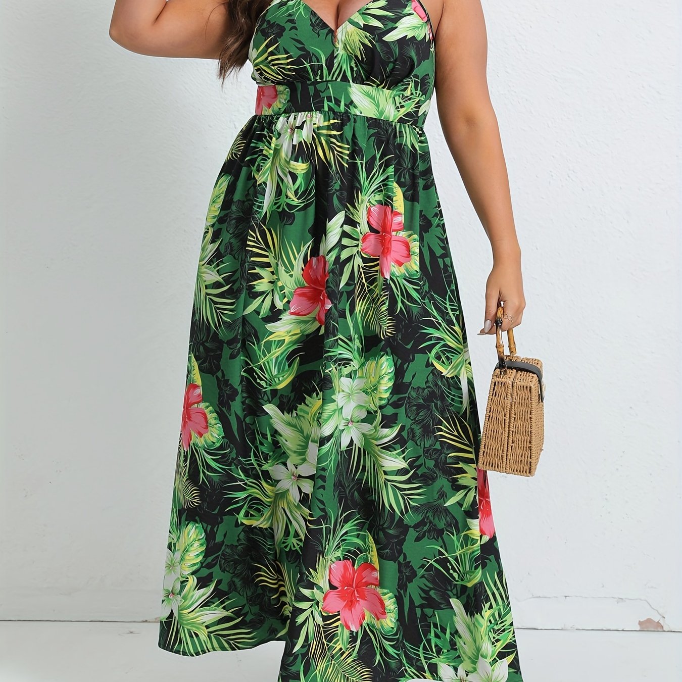  Boho Dress Women's Plus Tropical Print V Neck Nipped Waist Pleated Cam