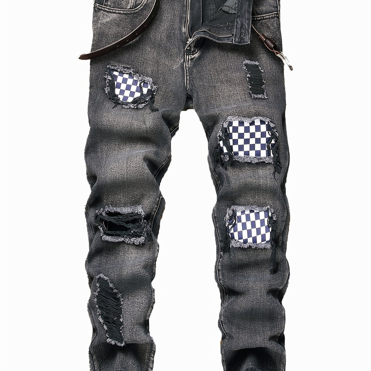 Men's Patchwork Ripped Jeans Casual Street Style Distressed Denim Pants