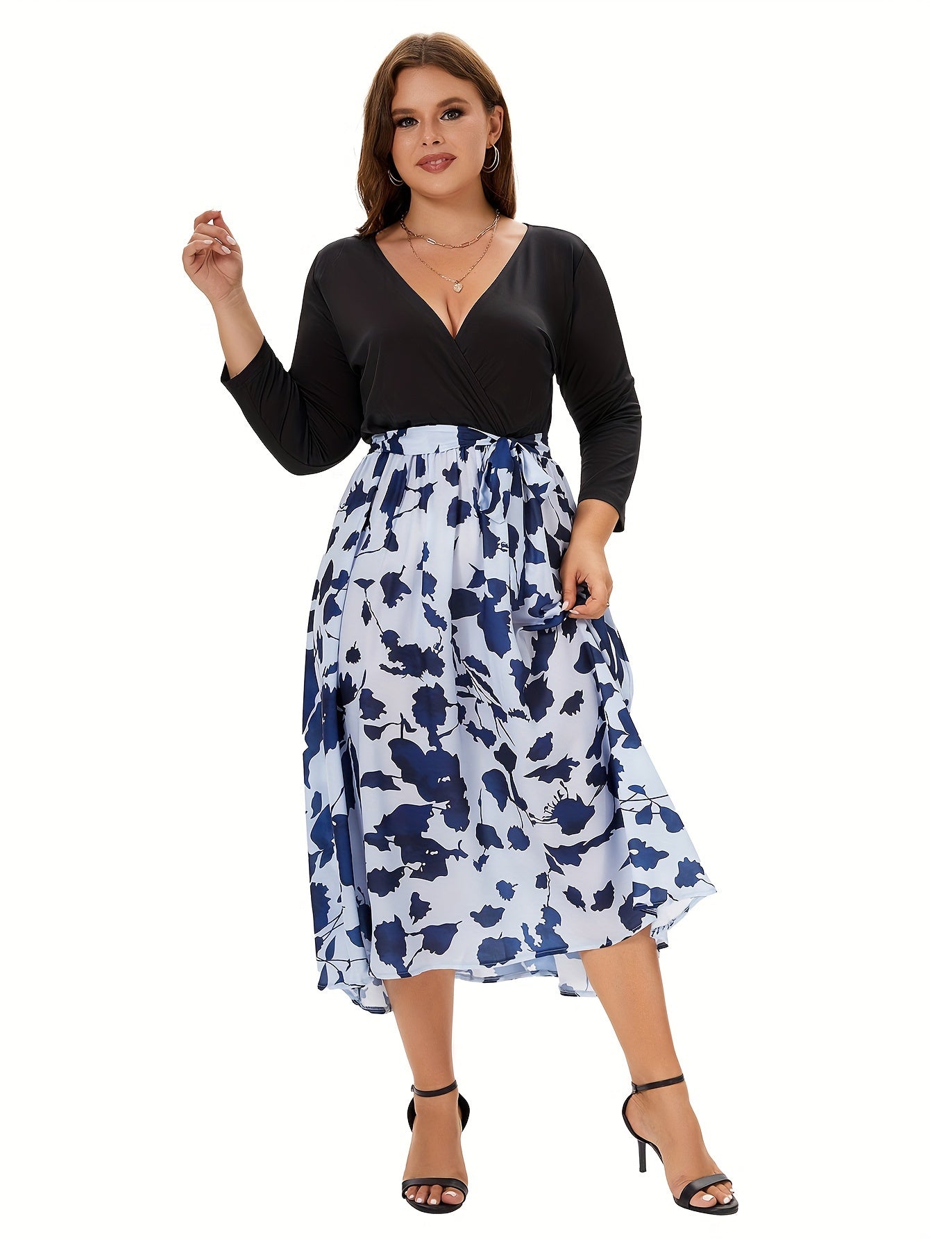  Colorblock Floral Print V Neck Midi Dress