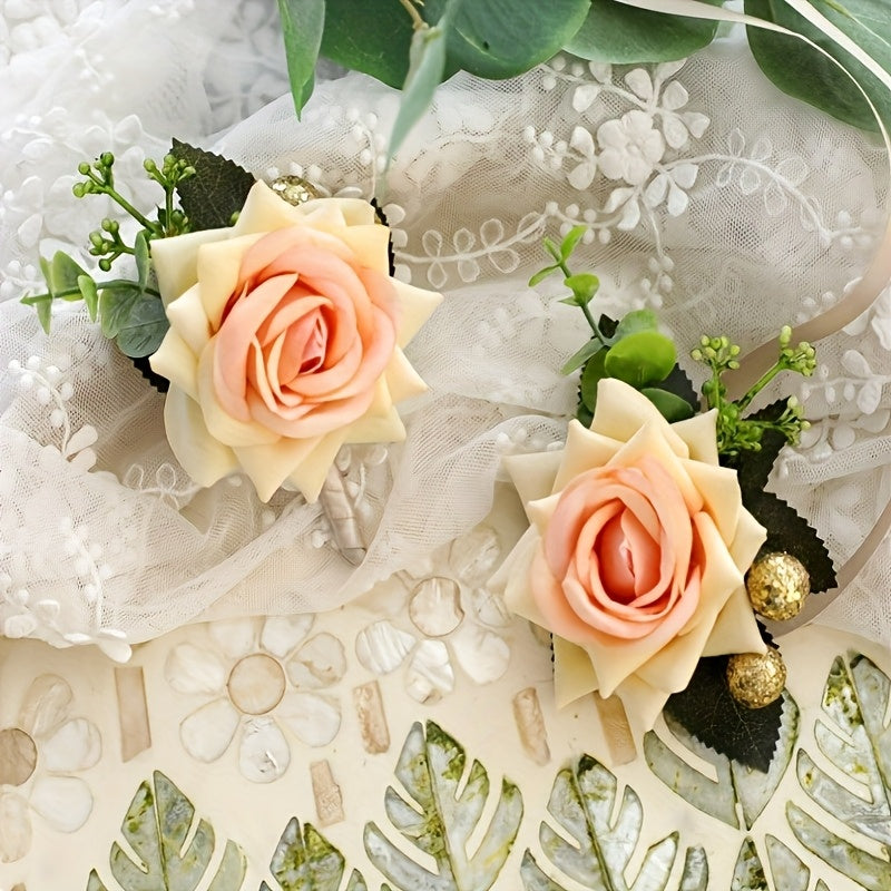 2pcs Bohemian Rose Corsage & Bracelet Set for Wedding & Party Decorations