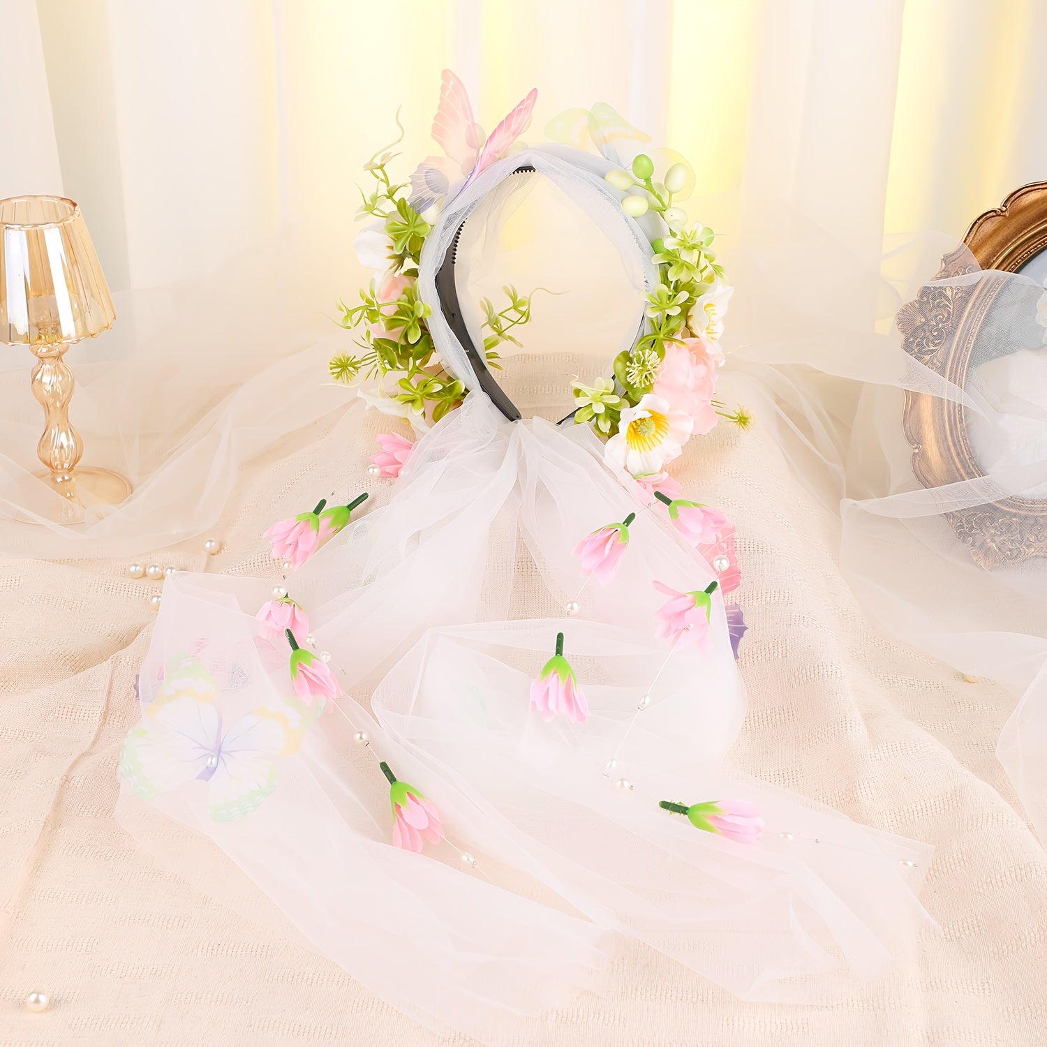Purple & Green Floral Bridal Headband with Veil