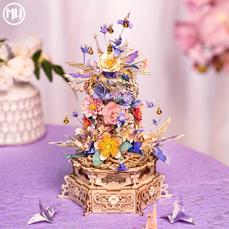 MU Metal Puzzle Model DIY Music Box Rotating Table with Drunken Flowers
