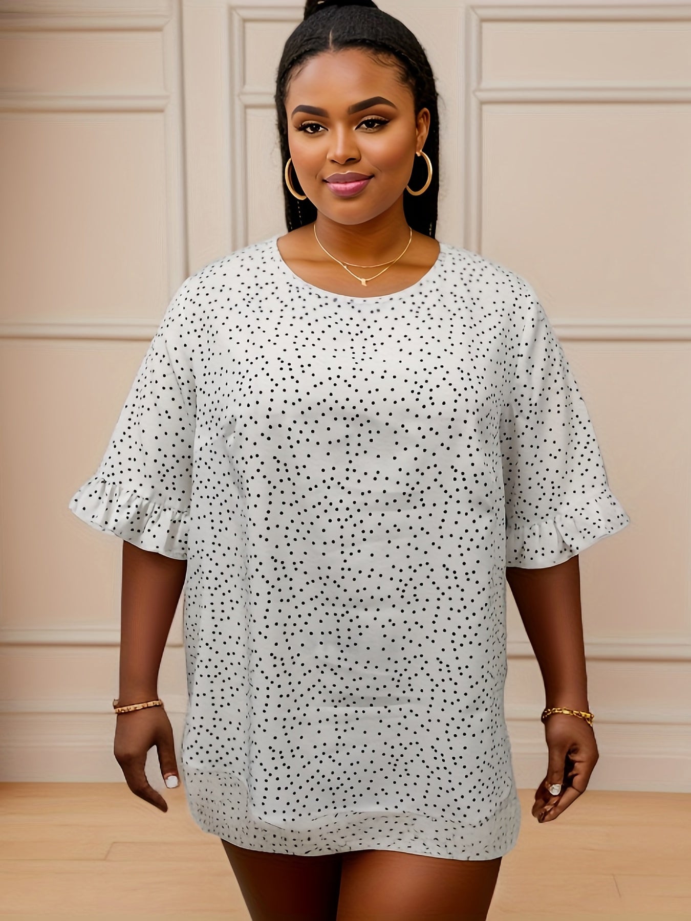  Dot Print Ruffle Trim Blouse Short Sleeve Top