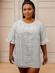  Dot Print Ruffle Trim Blouse Short Sleeve Top
