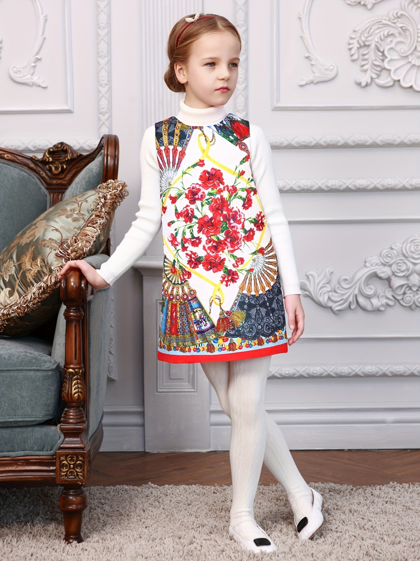 Girls' Vest Dress Ethnic Floral Digital Print Sleeveless Dress