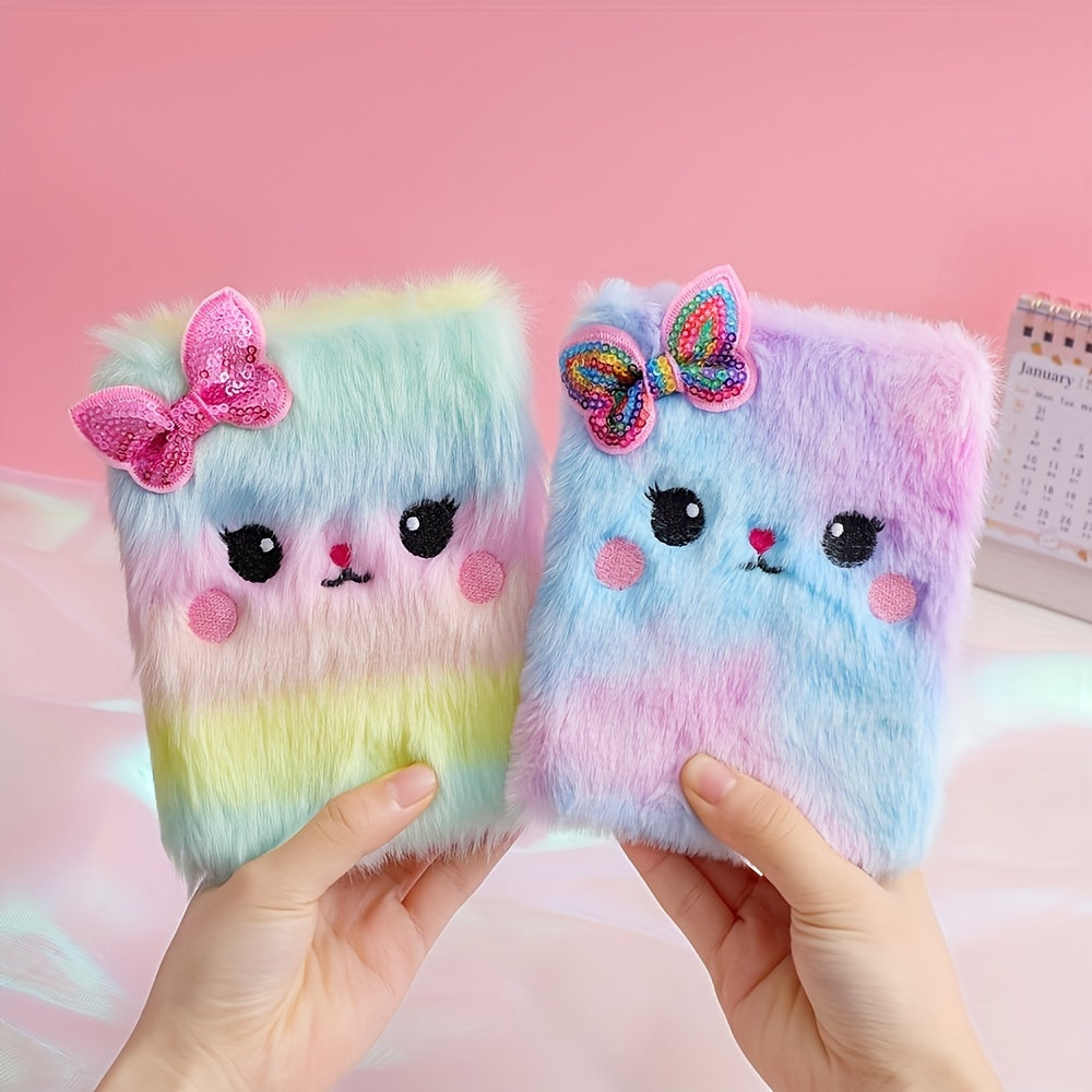 Cartoon Cat Plush Diary Notebook Faux Fur Journal for Teens & Adults