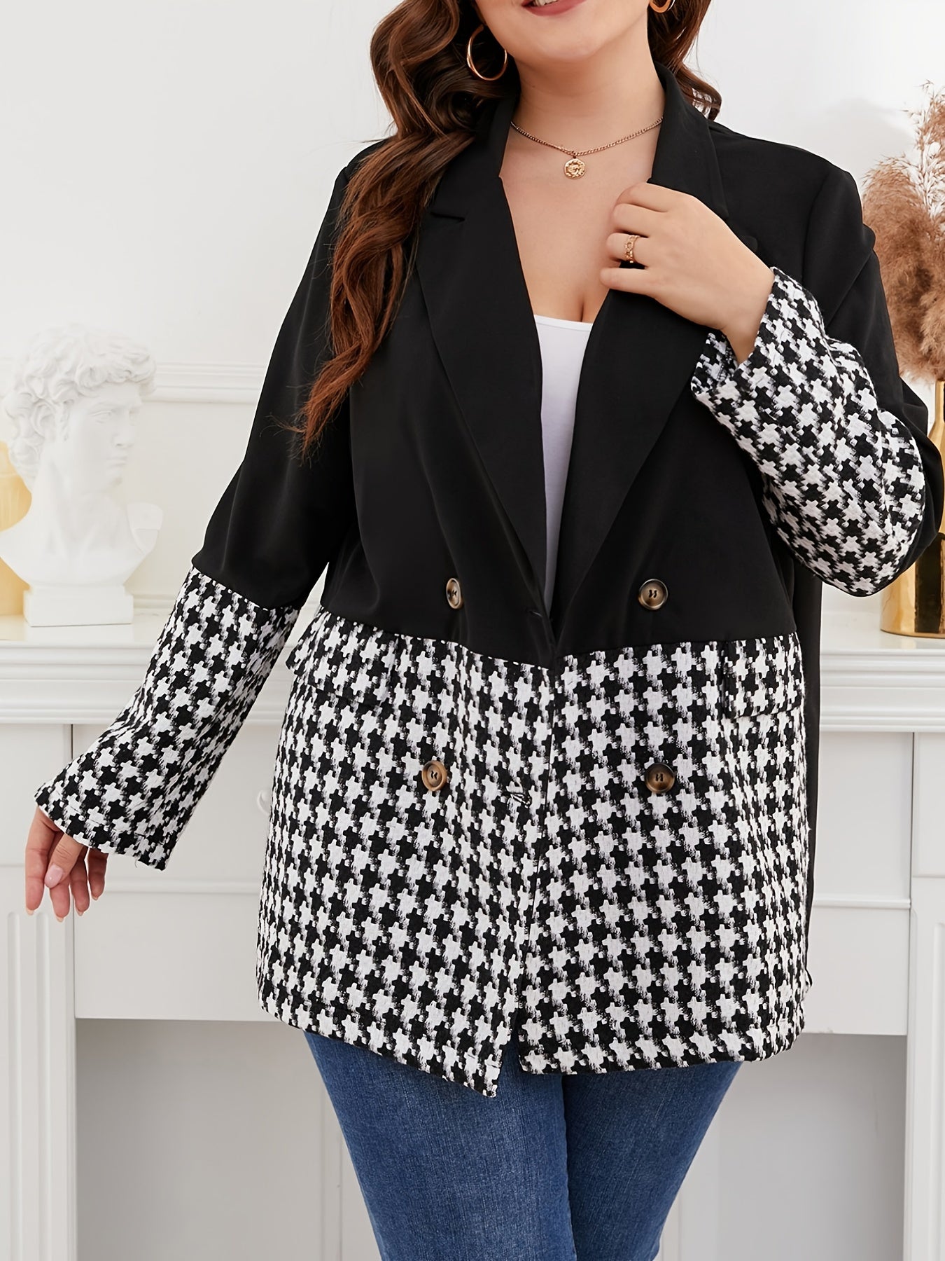  Houndstooth Lapel Collar Blazer Women's Plus Business Casual Blazer