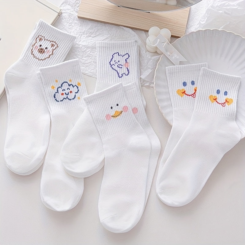 5 Pairs Cute Cartoon Print Socks Soft Mid Tube Women's Stockings