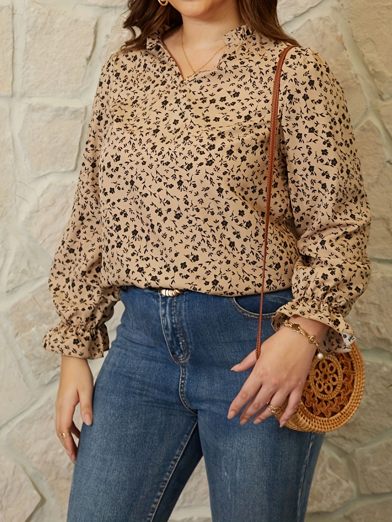  Boho Blouse Floral Print Ruffle Trim Top